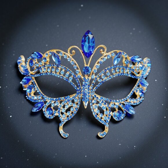 Gold masquerade mask, Blue crystal mask, Cosplay mask, Venetian mask, ball mask - Picture 7 of 8